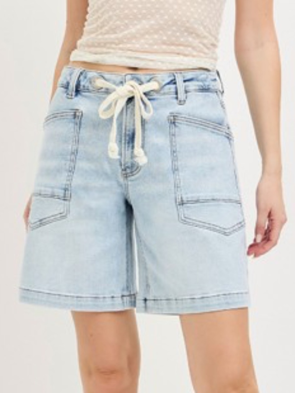 Light Wash Denim Jean Shorts with Drawstring Waist